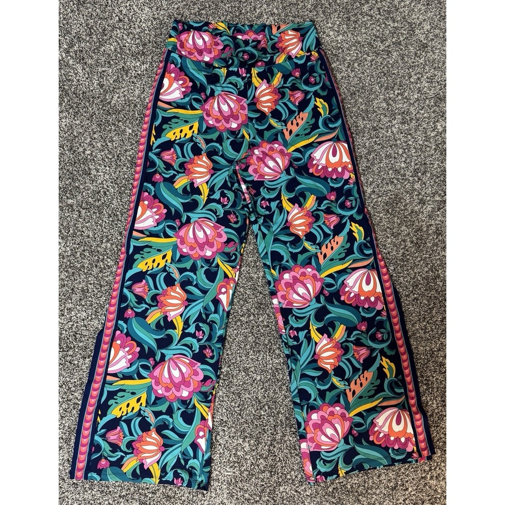 Trina Turk India Garden Pants Womens Size L Blue floral  Wide Leg Slit Tropical
